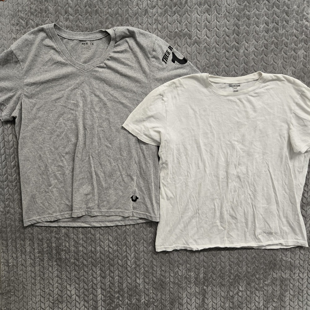 2 True Religion Men Gray White V Neck‎ Undershirt T Shirt Size Large